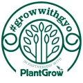 Circular logo featuring stylized leaves in the center. The text around the top reads "#growwithgyo" and at the bottom "In Partnership With PlantGrow." The logo is green on a white background.