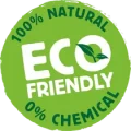A green circular badge with text that reads "100% Natural, ECO FRIENDLY, 0% Chemical." There is a leaf incorporated into the letter "O" in "ECO.