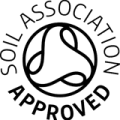 Black circular logo with the text "Soil Association Approved" surrounding a stylized design of an "S" inside a circle.